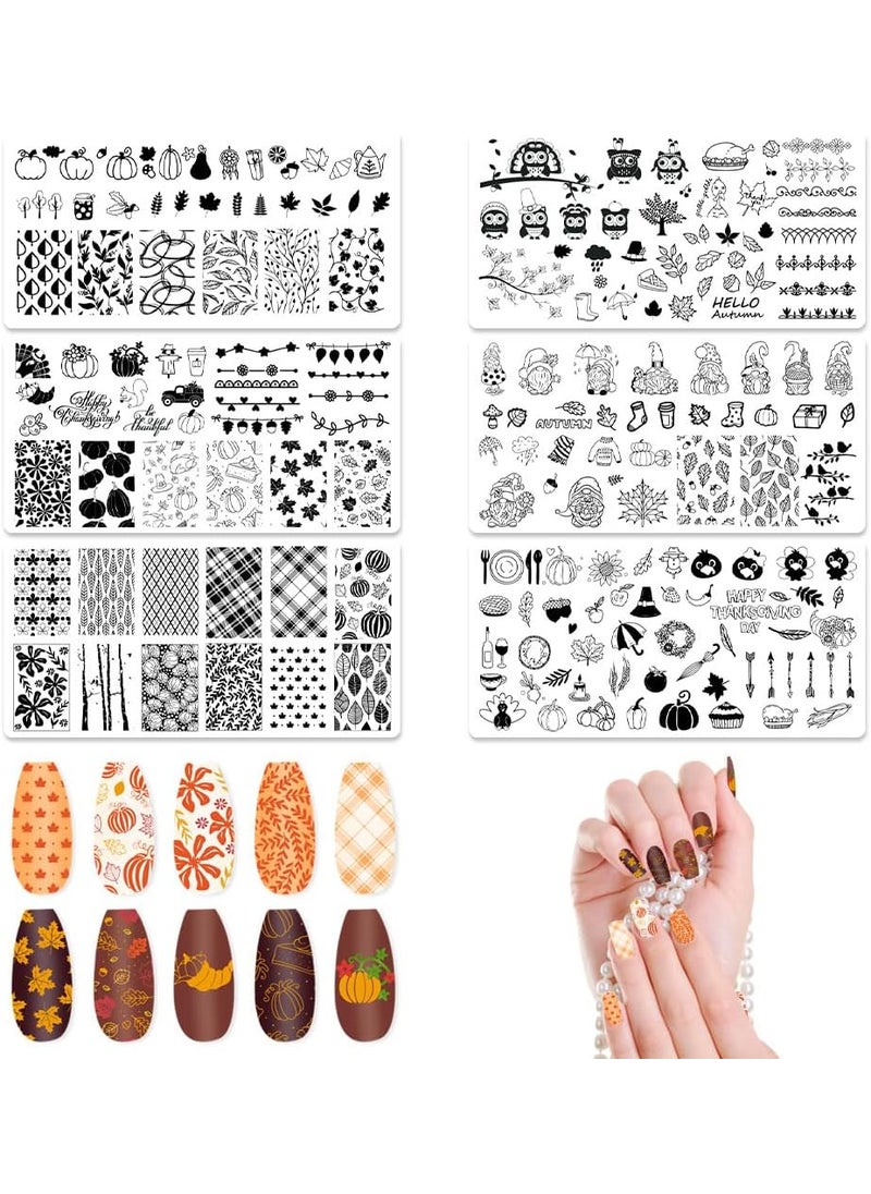 ALIBBON - ALIBBON 6 Pcs Fall Nail Stamping Plates Set Leaves Background Nail Art Stamp Templates Pumpkin Gnome Stamp Templates Kit Happy Thanksgiving Day Metal Nail Plates for DIY Printing Decor 4724 - Image 1