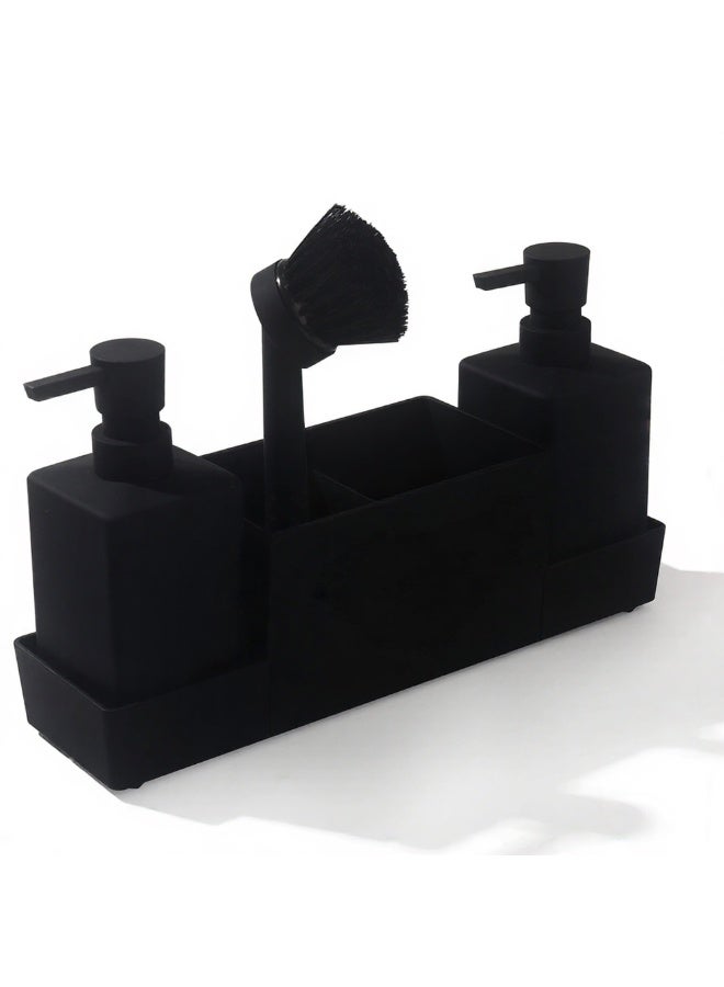 kunshao Kitchen Soap Dispenser with Sponge Holder Set for Sink, Matte Black No Rust ABS Resin with Drain Holes and Non Slip 450ml, for Cutlery and Toothbrush Organizer - Image 1