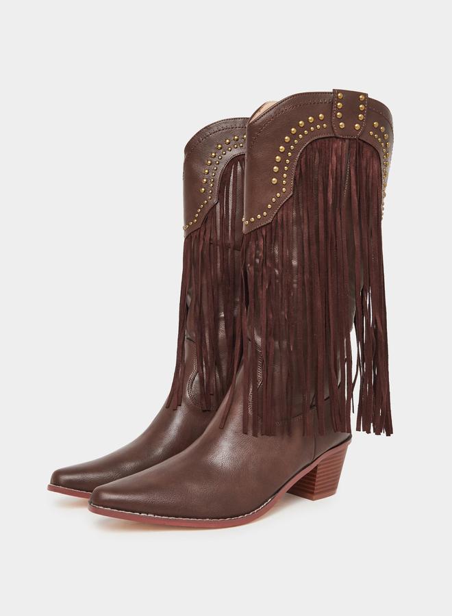 Styli Brown Fringe Cowboy Boots - Image 3