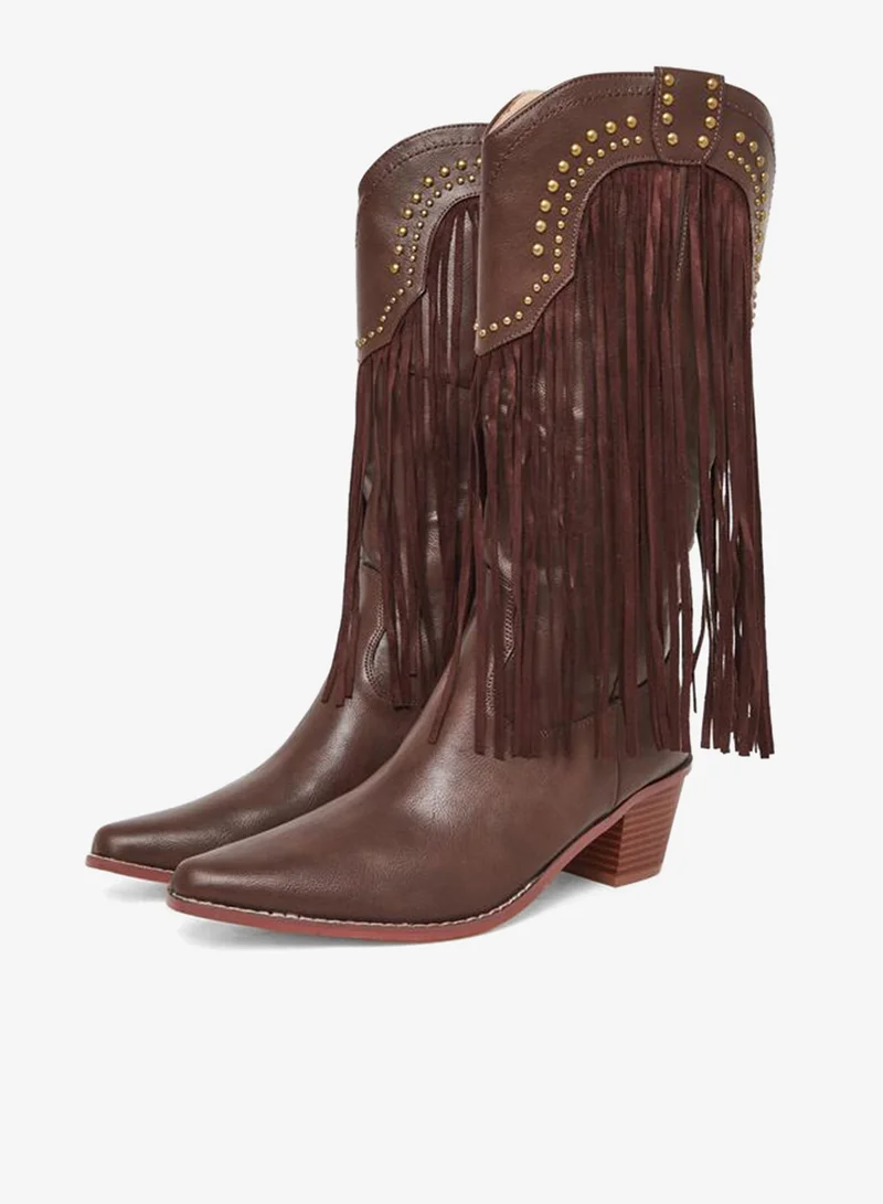 Styli Brown Brown Fringe Cowboy Boots for Women | Best Price UAE
