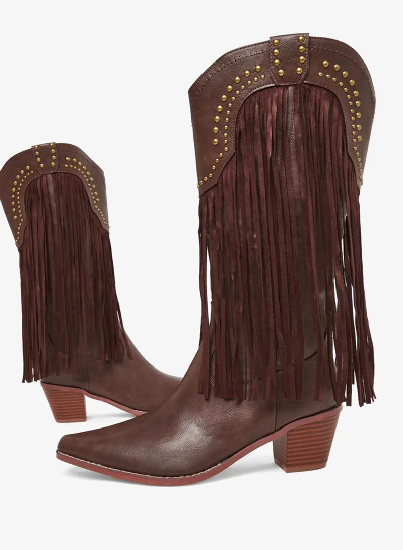 Styli Brown Brown Fringe Cowboy Boots for Women | Best Price UAE