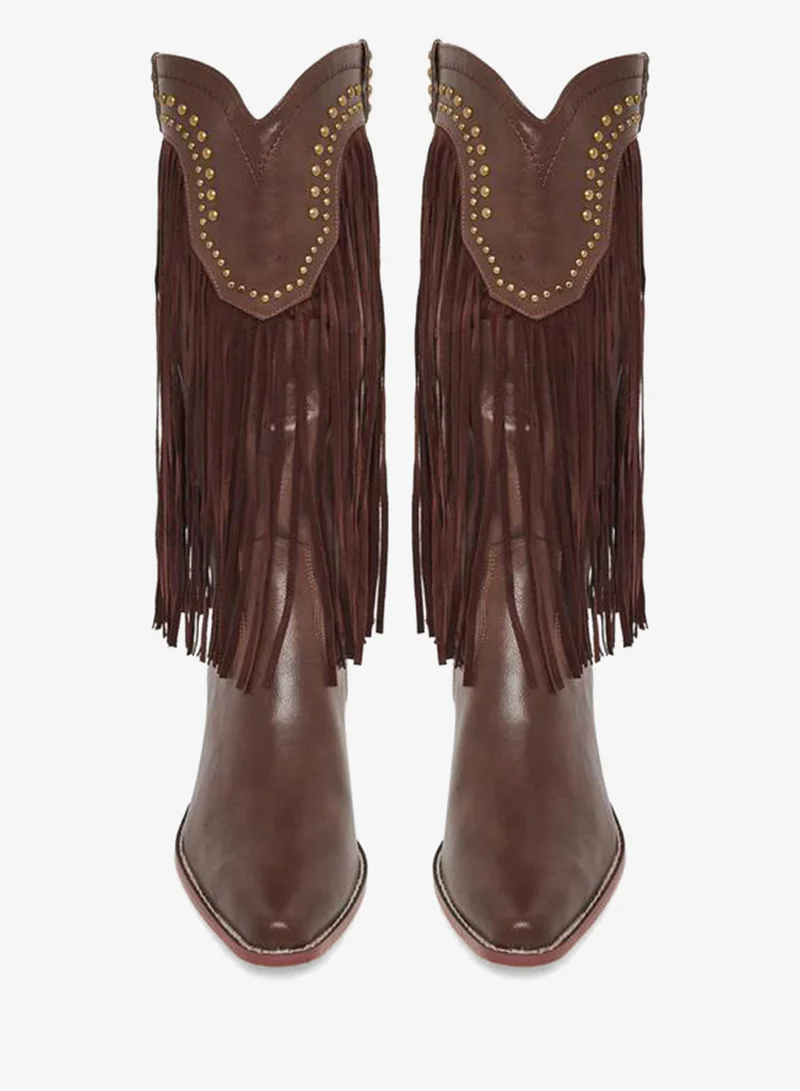 Styli Brown Brown Fringe Cowboy Boots for Women | Best Price UAE