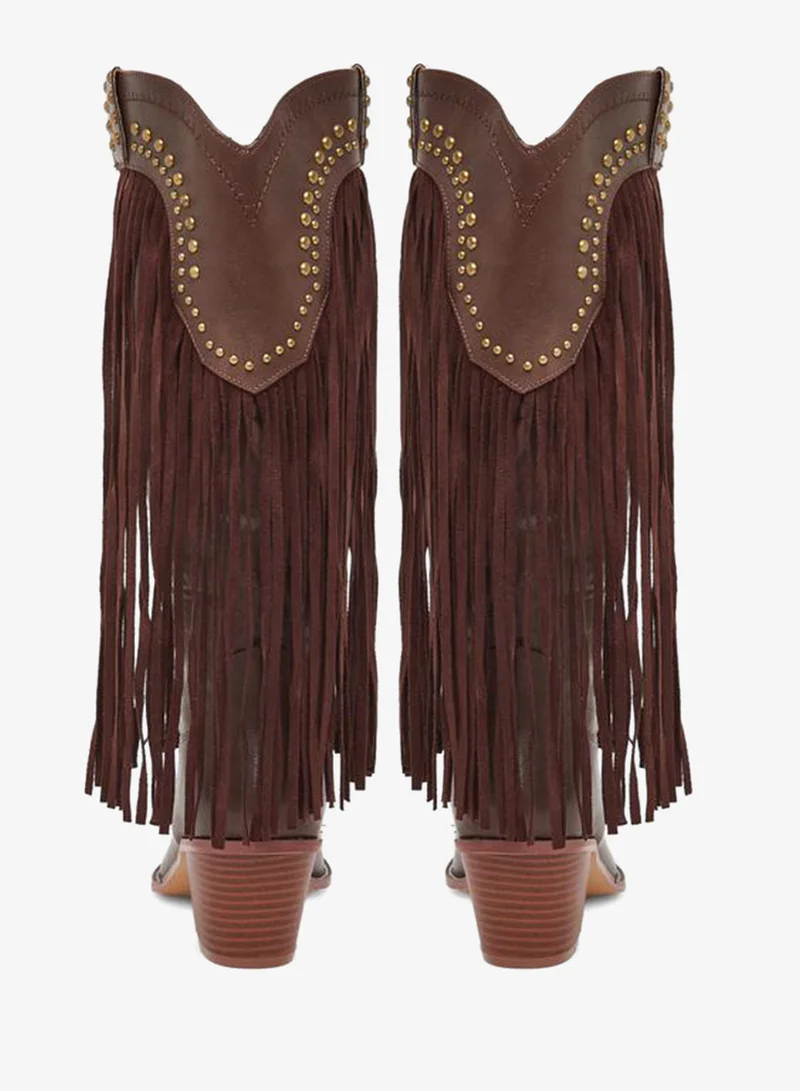 Styli Brown Brown Fringe Cowboy Boots for Women | Best Price UAE