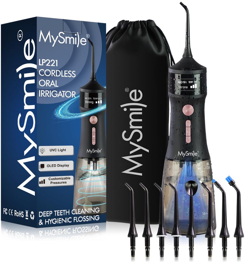 MySmile LP221 UVC Sterilizable Cordless Water Flossers for Teeth 335ML Portable OLED Display Dental Flosser with 4 Modes 8 Jet Tips and a Storage Pouch for Home and Travel (Midnight Black) - Image 1
