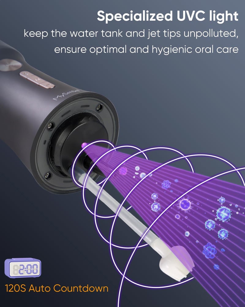 MySmile LP221 UVC Sterilizable Cordless Water Flossers for Teeth 335ML Portable OLED Display Dental Flosser with 4 Modes 8 Jet Tips and a Storage Pouch for Home and Travel (Midnight Black) - Image 5