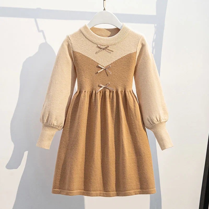 Girls Fashionable Contrast Color Knitted Sweater Dress Girls Autumn and Winter New Style Elegant Ladys Retro Style dress Khaki