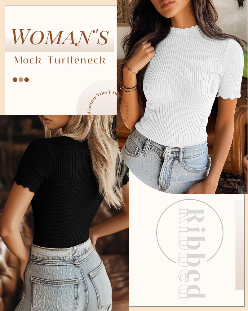 Huukeay 3 Pack Women's Mock Turtleneck Short Sleeve Tops Cotton Ribbed Lettuce Trim T Shirts Slim Fit Casual Base Tee(Black, White, Brown,Medium) - Image 4