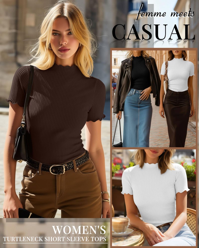 Huukeay 3 Pack Women's Mock Turtleneck Short Sleeve Tops Cotton Ribbed Lettuce Trim T Shirts Slim Fit Casual Base Tee(Black, White, Brown,Medium) - Image 2