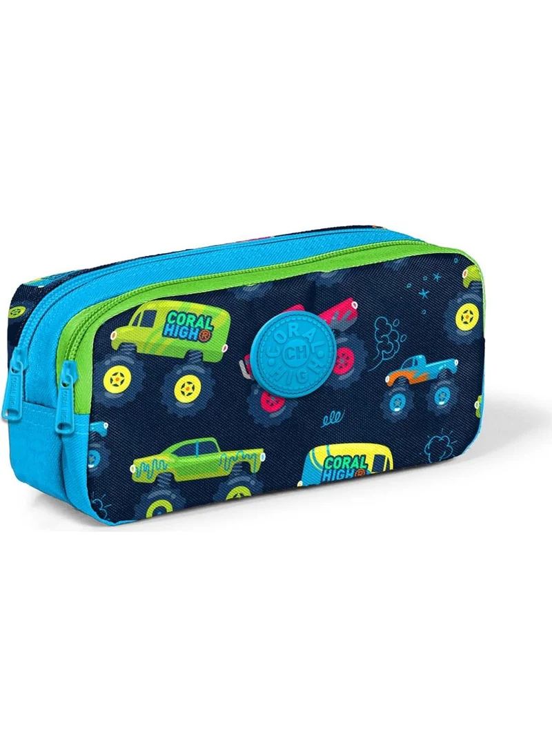 كورال هاي Kids Blue Navy Blue Monster Truck Patterned Two Compartment Pencil Bag 22285