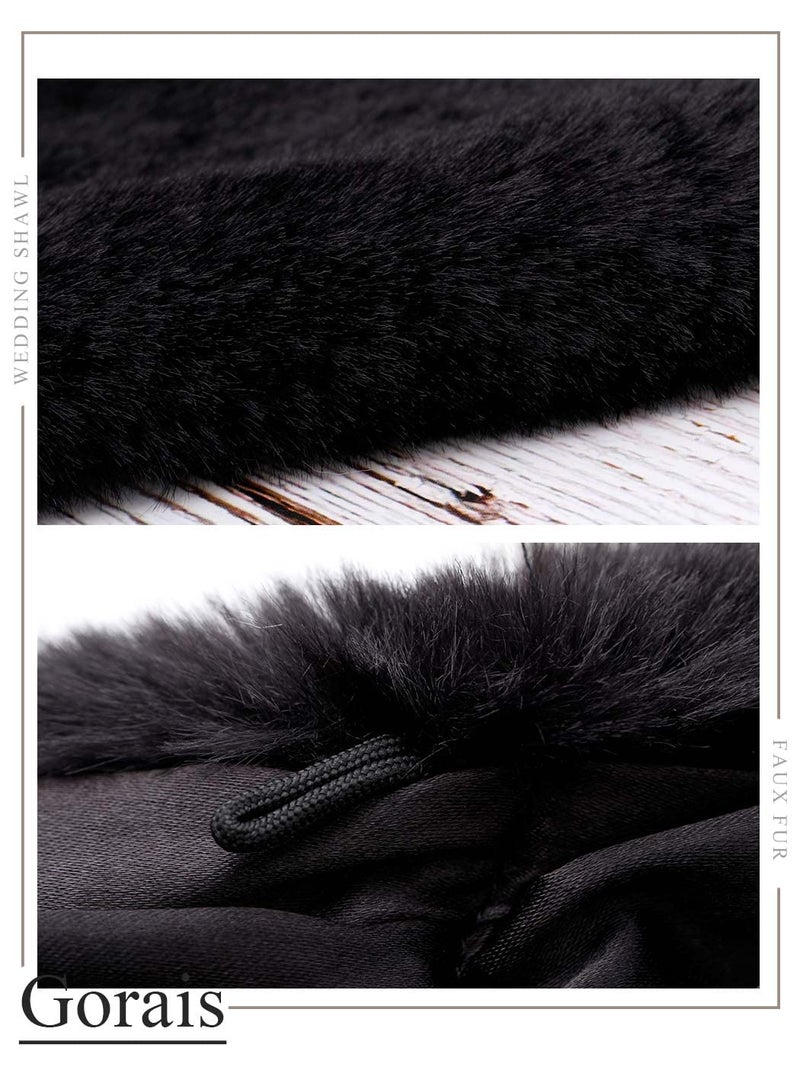 GORAIS Women's Wedding Faux Fur Shawls and Wraps Long Bridal Fur Scarf Stoles with Brooch for Bride and Bridesmaids (Black) - Image 2