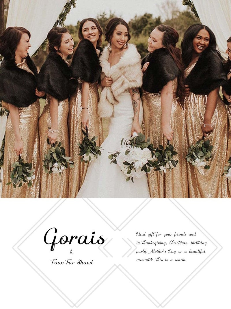 GORAIS Women's Wedding Faux Fur Shawls and Wraps Long Bridal Fur Scarf Stoles with Brooch for Bride and Bridesmaids (Black) - Image 5