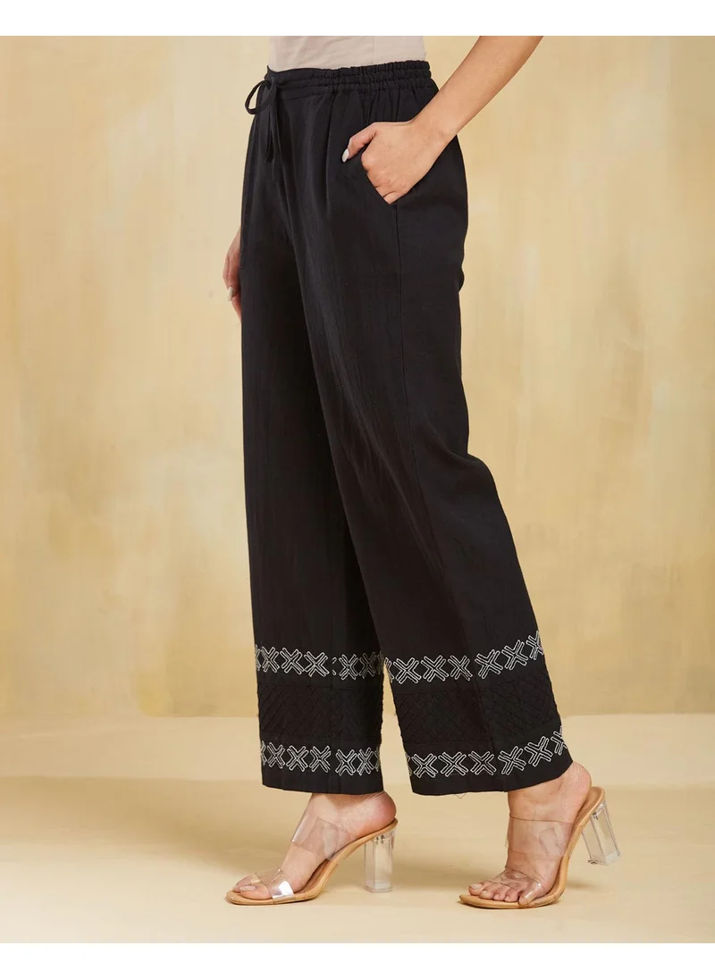فاب انديا Black Cotton Chikankari Slim fit Casual Pant