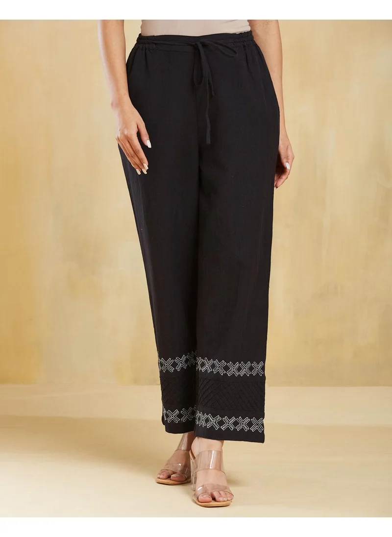 فاب انديا Black Cotton Chikankari Slim fit Casual Pant