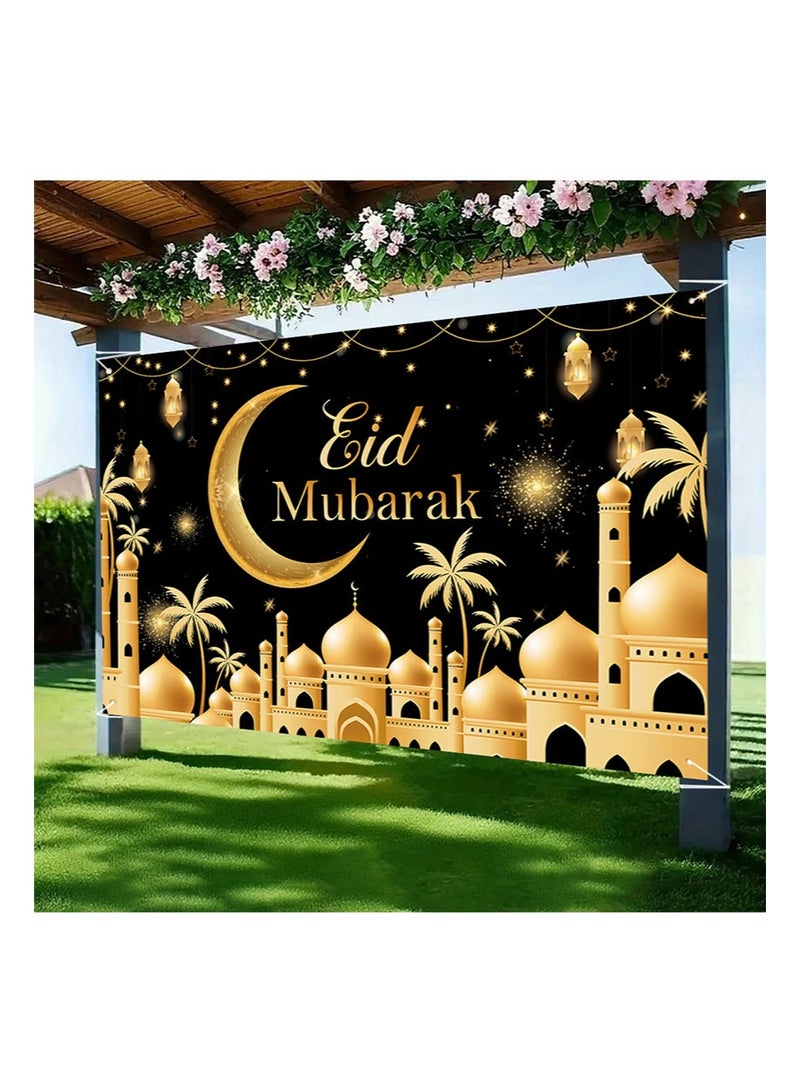 Aikanbo Ramadan Party Set,Eid Mubarak Table Flag 70.8x13.7 inches and Eid Mubarak Backdrop Banner 70.8x43.3 inches,Islamic Eid Mubarak Table Runner,Muslim Eid Mubarak Fabric Backdrop for Eid Celebration with Venus Moon Mosque Decoration,Islamic Home Decor Background - Image 3