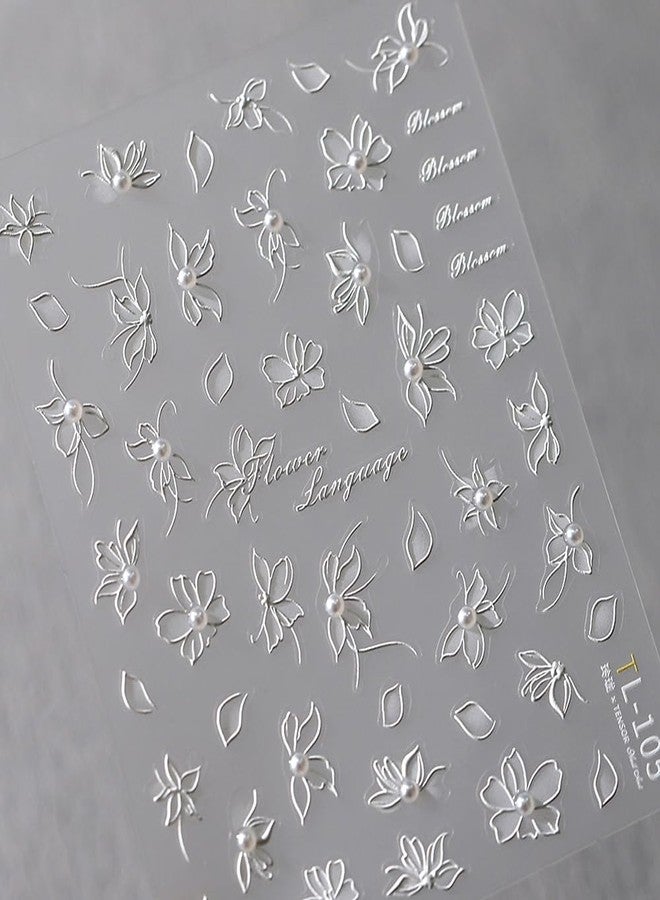 JALIYA 5D Embossed White Lace Flower Nail Art Stickers Pearl Flower Nail Stickers for Nail Art Supplies Self-adhsive Flower Nail Decals Vintage Flower Stickers for Nails Floral Nail Accessories for Women - Image 4