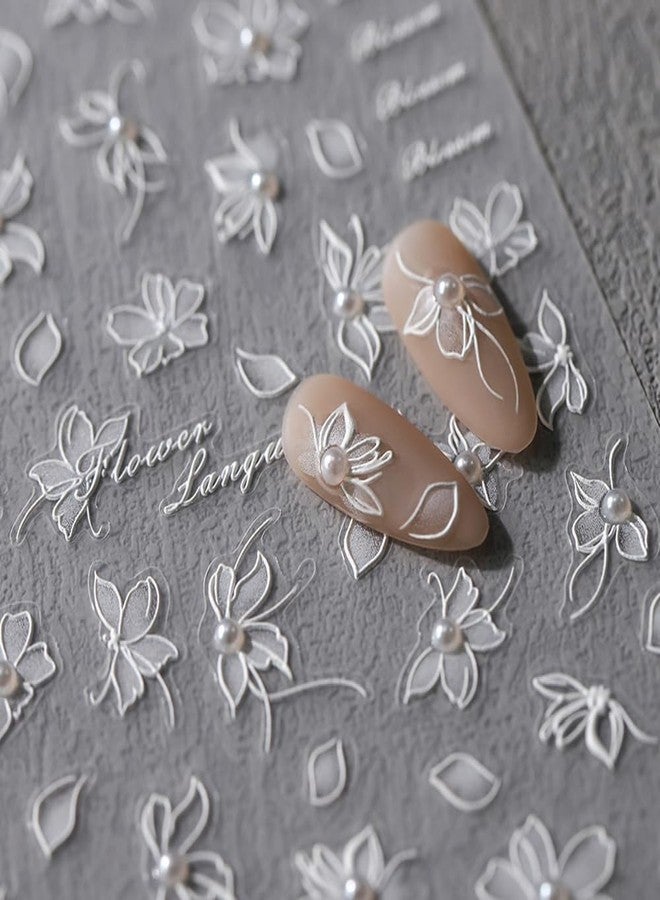 JALIYA 5D Embossed White Lace Flower Nail Art Stickers Pearl Flower Nail Stickers for Nail Art Supplies Self-adhsive Flower Nail Decals Vintage Flower Stickers for Nails Floral Nail Accessories for Women - Image 1