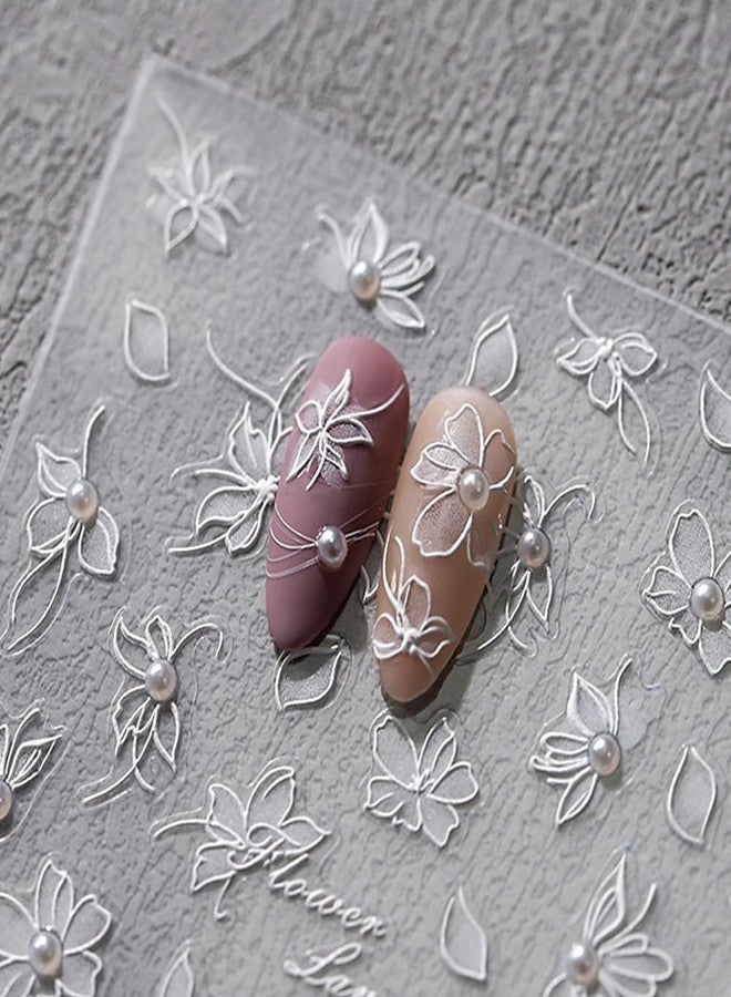 JALIYA 5D Embossed White Lace Flower Nail Art Stickers Pearl Flower Nail Stickers for Nail Art Supplies Self-adhsive Flower Nail Decals Vintage Flower Stickers for Nails Floral Nail Accessories for Women - Image 3
