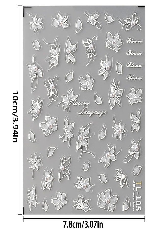 JALIYA 5D Embossed White Lace Flower Nail Art Stickers Pearl Flower Nail Stickers for Nail Art Supplies Self-adhsive Flower Nail Decals Vintage Flower Stickers for Nails Floral Nail Accessories for Women - Image 2