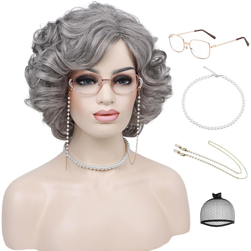 G&T Wig GT Wig Grey Wigs for Old Lady Costume Grandma Wig 100 Days of School Granny Wig For Old Womens Cosplay Party Halloween Use 5pcs Set