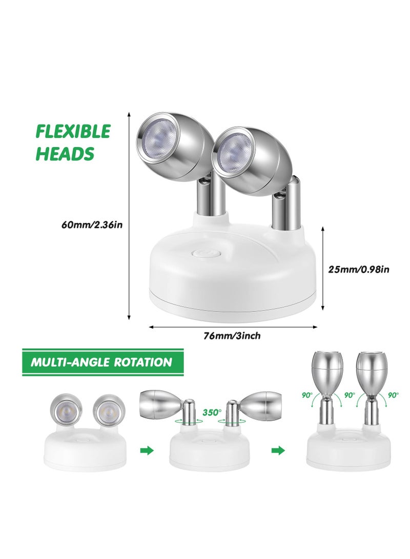 2 Pack Dual Head Battery Operated Spotlights with Remote 13 Color Dimmable and Brightness Accent Lights Indoor Wireless RGB LED Spot Light with 360 Degrees Rotatable Head Stick on Wall Hallway White