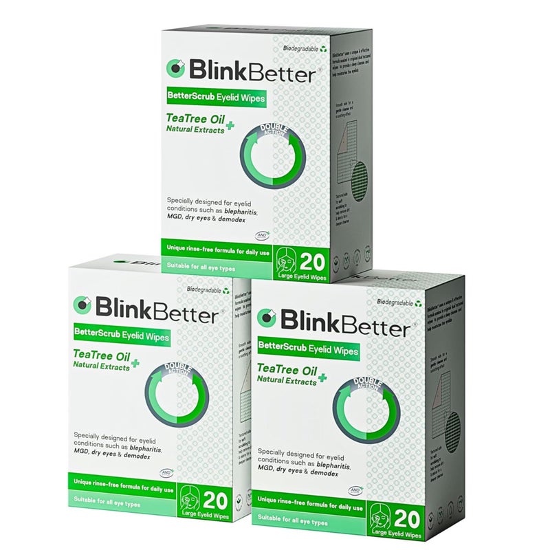 BlinkBetter Tea Tree Oil Eyelid Wipes- 60 (Pack of 3) Natural Blepharitis, MGD & Dry Eye Relief Wipes | Cleansing, Soothing, Dual-Textured, Triple Moisture Formula | Biodegradable & Gentle - Image 1
