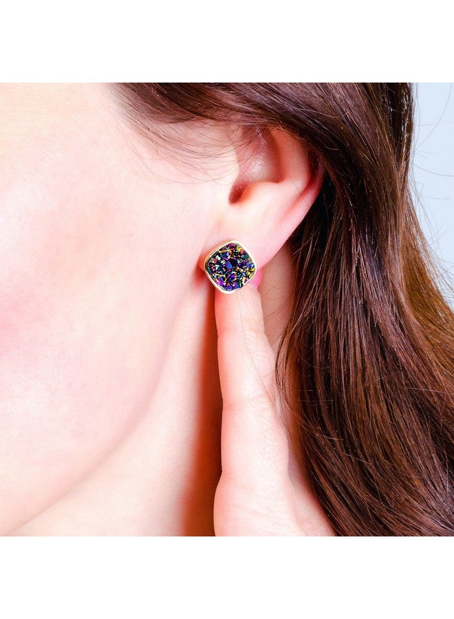 BaubleStar Druzy Stud Earrings Gold Delicate Square Resin Mineral Rock Stone Ear Studs Jewelry For Women - Image 5