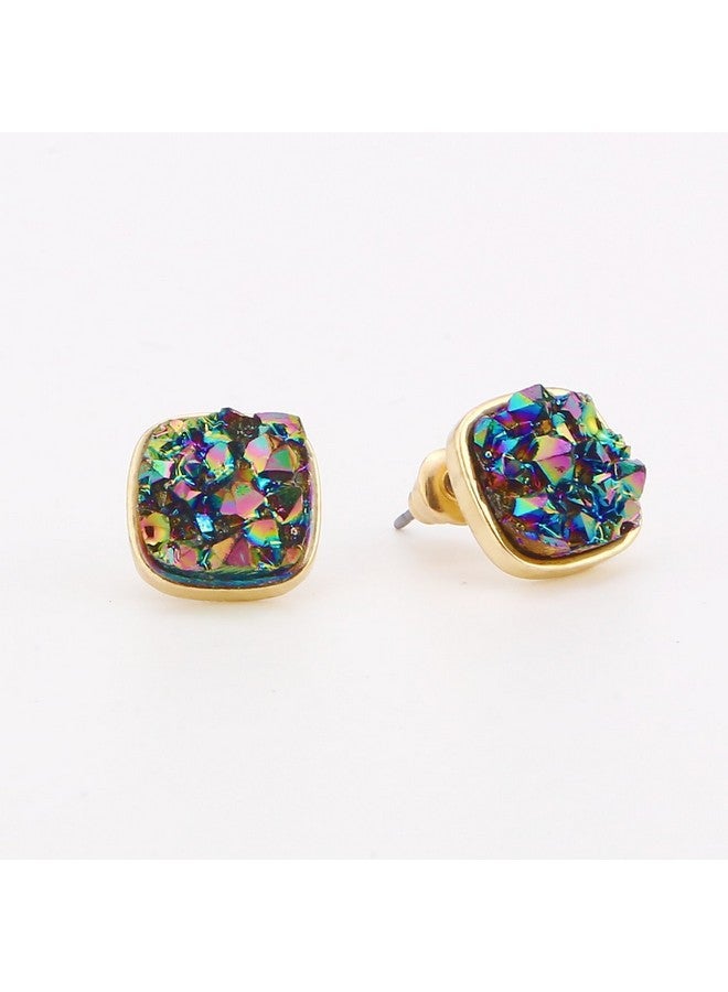 BaubleStar Druzy Stud Earrings Gold Delicate Square Resin Mineral Rock Stone Ear Studs Jewelry For Women - Image 4