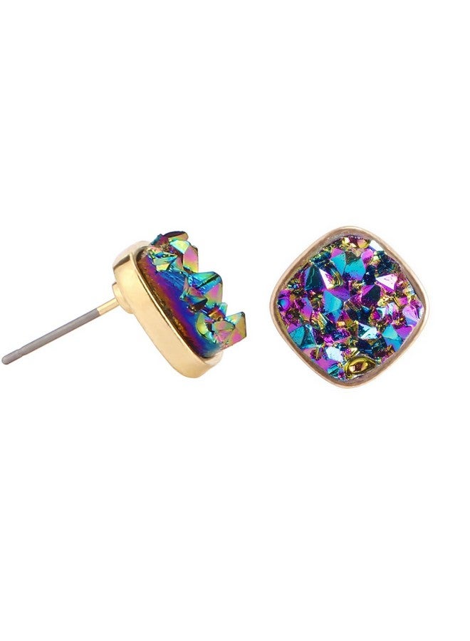 BaubleStar Druzy Stud Earrings Gold Delicate Square Resin Mineral Rock Stone Ear Studs Jewelry For Women - Image 3