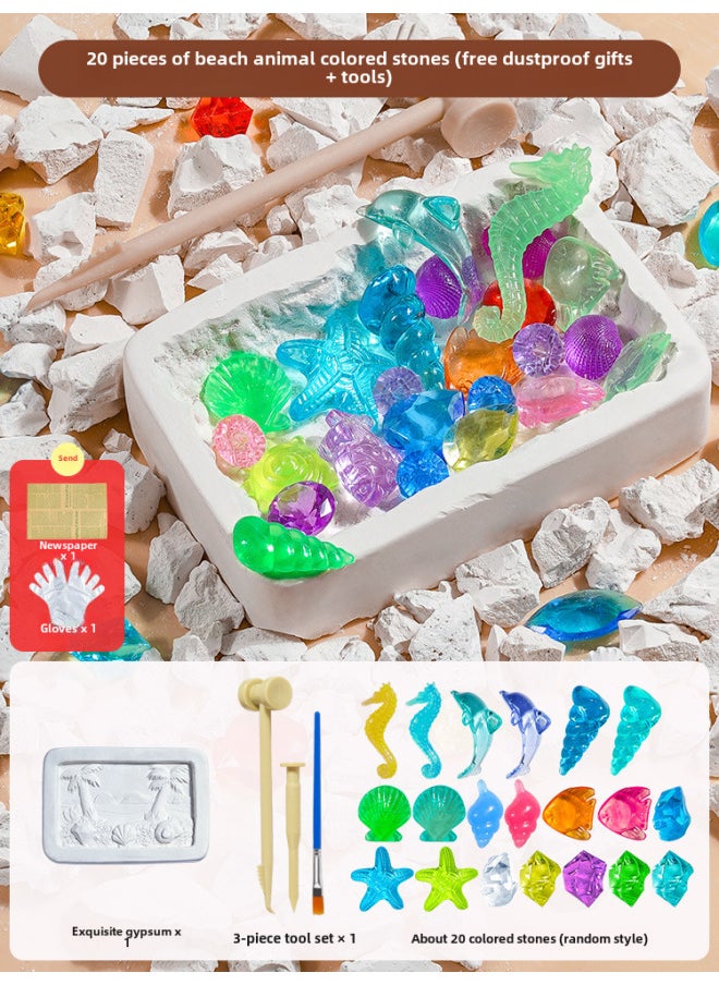 Generic - Dinosaur Fossil Archaeological Digging Toys Gypsum Gem Digging Luminous Mining Treasure Hunting Blind Box Set Wholesale-Color:Seabed Animal Gem (send Newspaper + Gloves + Tools) - Image 1