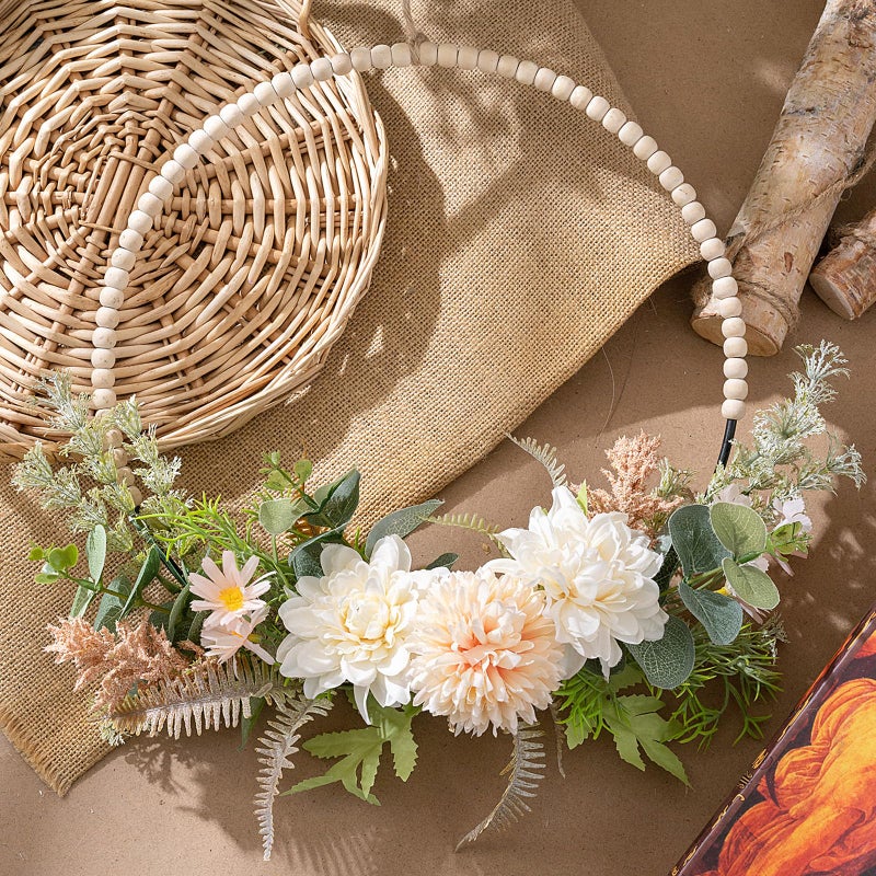 KHOYIME Artificial Flower Wreath for Front Door Floral Hoop Wreath Decor with Wood Beads Milk White Flowers Green Leaves Spring Summer Home Decor Wall Window Wedding Party Hanging Decorations