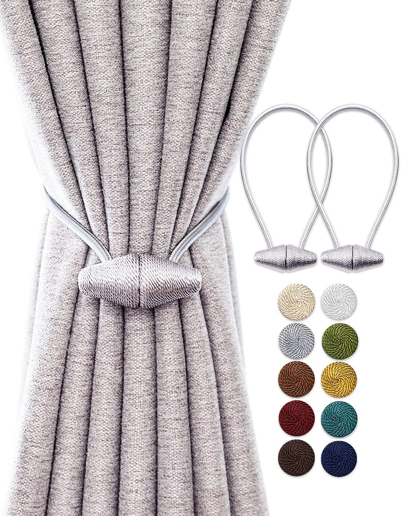 TECVINCI Magnetic Curtain Tiebacks with Upgrade Larger Magnet 2 Pack 16 Inch Drapery Holdbacks for Indoor  Outdoor Curtain  Silver Grey