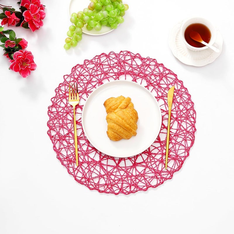IcosaMro Rosy Round Placemats Set of 6 for Dining Table 15 Inch Paper Woven Boho Decorative Circle Place Mat for Wedding Christmas Thanksgiving Day Holiday Dinner 15 Inch Rosy - Image 2