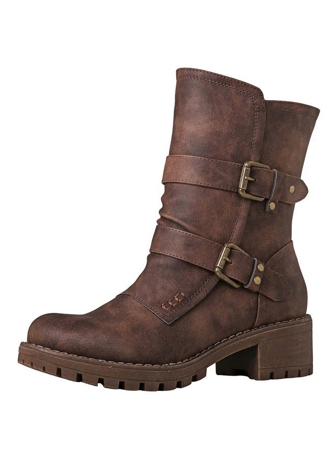 GLOBALWIN Women's Biker Boots Lace up Back Mid Calf Motorcycle Fashion Festival Boots Combat Riding Military Boots for Women, 19yy19 Camel2, 9.5 - Image 1