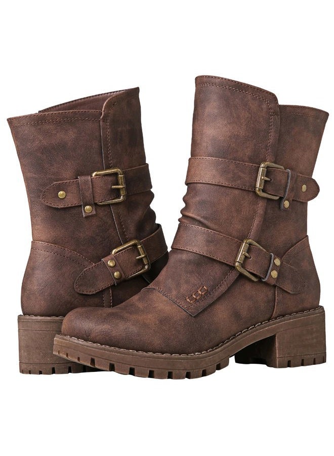 GLOBALWIN Women's Biker Boots Lace up Back Mid Calf Motorcycle Fashion Festival Boots Combat Riding Military Boots for Women, 19yy19 Camel2, 9.5 - Image 2