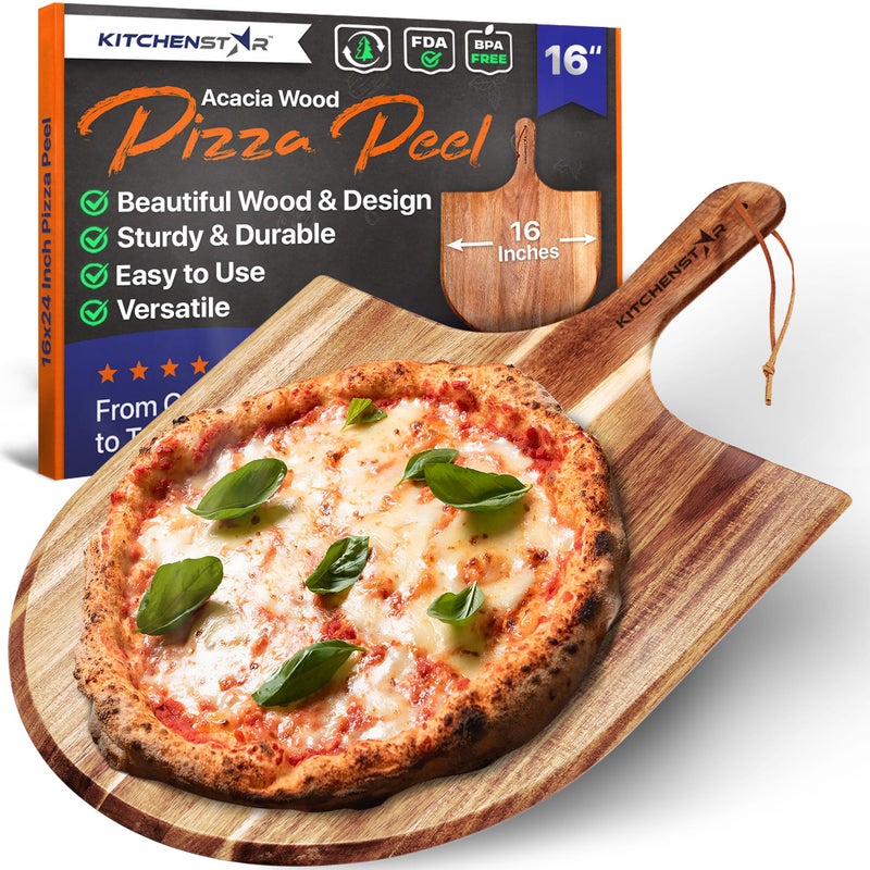 kitchen-star KitchenStar 16-Inch Acacia Wood Pizza Peel â€“ Extra Large Wooden Cutting & Serving Board with Handle â€“ Natural Oil Finish â€“ Ideal Pizza Oven Accessory for Easy Sliding & Prep - Image 1
