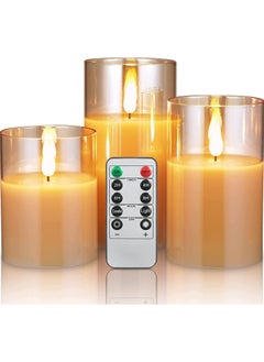 Led Flameless Candles, Battery Operated Real Pillar Wax Flickering Moving Wick Effect Glod  Glass Candle Set with Remote Control Cycling Timer