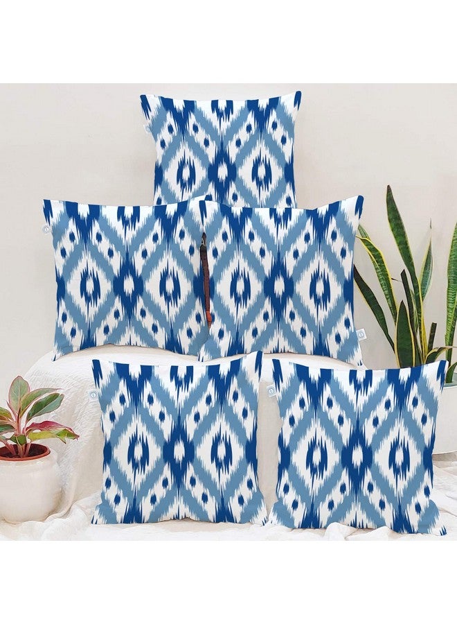 STITCHNEST Set of 5 Polycotton Cushion Covers - 16x16 Inches - Blue & White Ikat Geometric Print - Elegant Cushion Covers for Sofa & Living Room Decor - Image 1