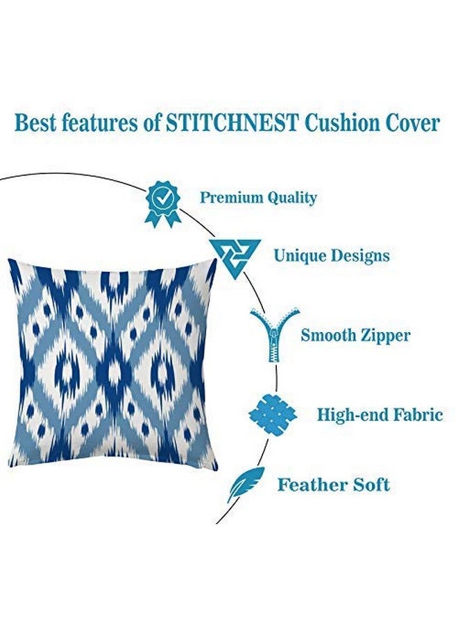 STITCHNEST Set of 5 Polycotton Cushion Covers - 16x16 Inches - Blue & White Ikat Geometric Print - Elegant Cushion Covers for Sofa & Living Room Decor - Image 2