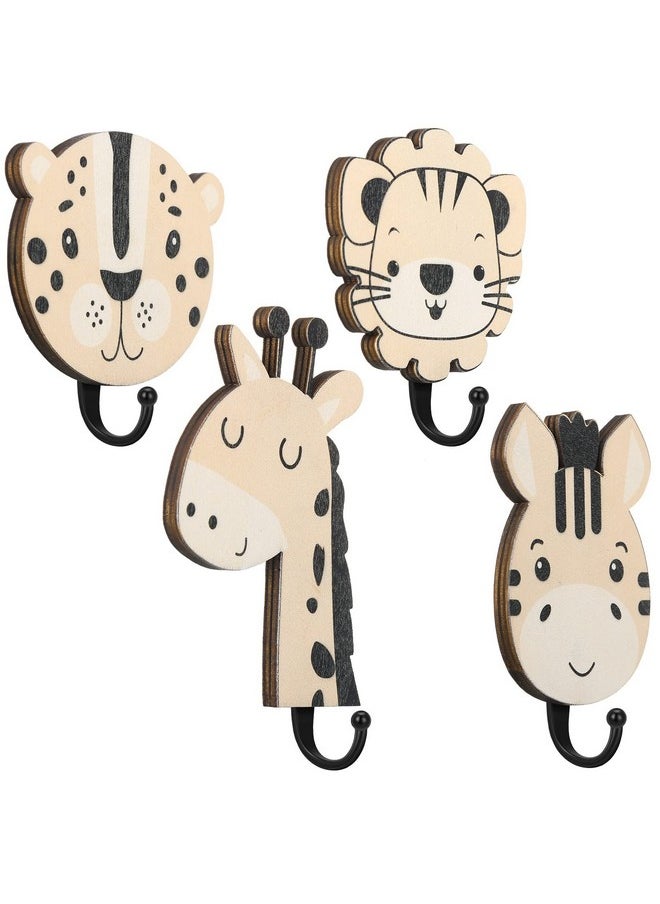 Qunclay 4 Pcs Safari Animal Wall Hooks Decorative Wall Hooks Kids Wall Hooks Decorative Wooden Jungle Animal Wall Hooks Animal Nursery Hooks Wood Giraffe Lion Hanger For Nursery Bathroom Bedroom Home Decor  - Image 1