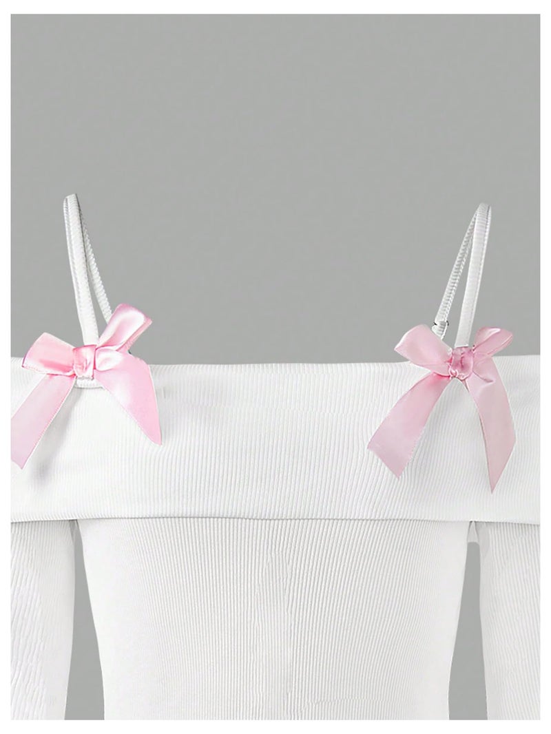 Verdusa Girl's Tops Off The Shoulder Long Sleeve T Shirt Ribbed Knit Cute Clothes for Girls 10-12 White 10 Years - Image 3