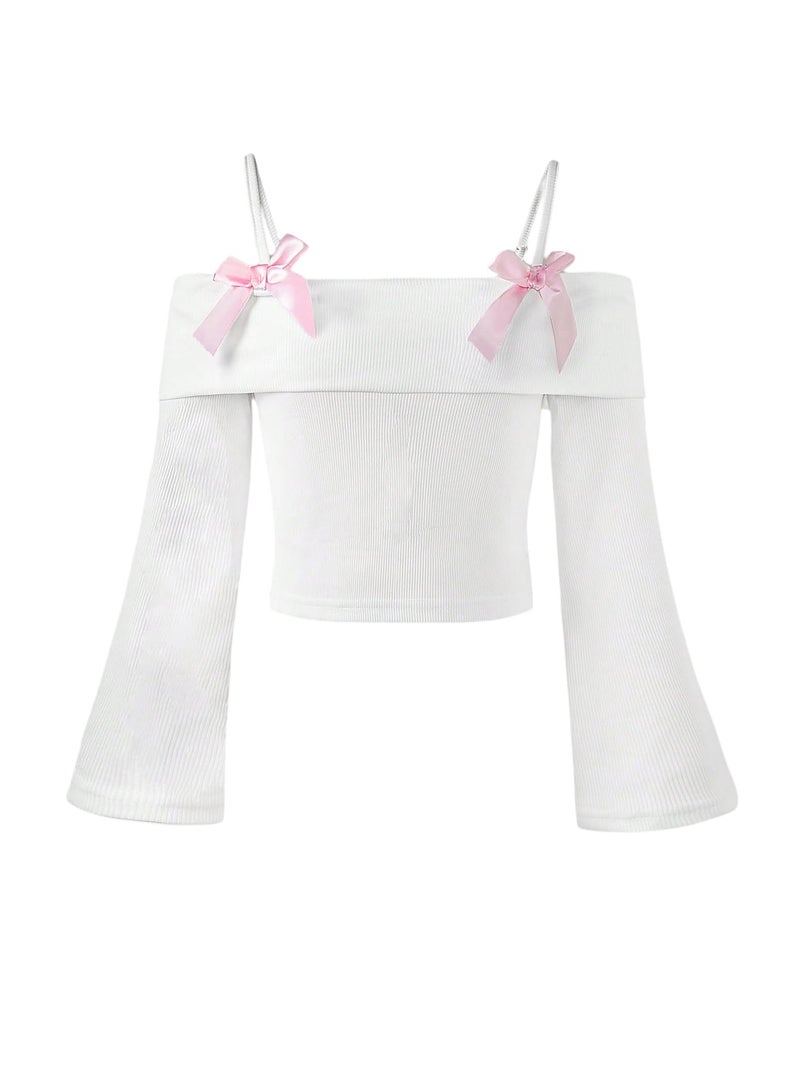 Verdusa Girl's Tops Off The Shoulder Long Sleeve T Shirt Ribbed Knit Cute Clothes for Girls 10-12 White 10 Years - Image 1