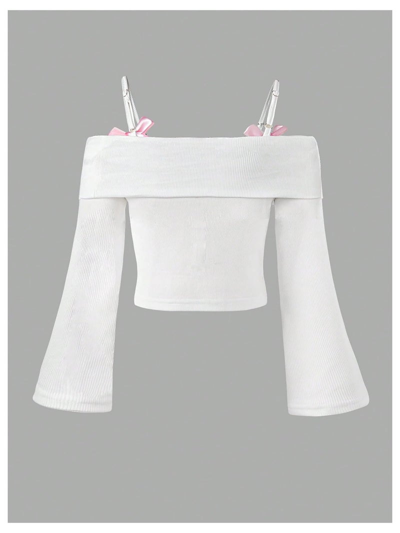 Verdusa Girl's Tops Off The Shoulder Long Sleeve T Shirt Ribbed Knit Cute Clothes for Girls 10-12 White 10 Years - Image 5