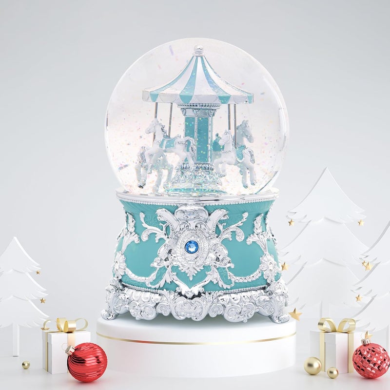 MXwcy Carousel Music Box Silver Mint Christmas Snow Globes, 7.1" Glass Rotate Carousel Snow Globe for Kids & Adults, Classic Wind up Musical Snow Globe Birthday Gifts, Carousel Horse Home Decor - Image 2
