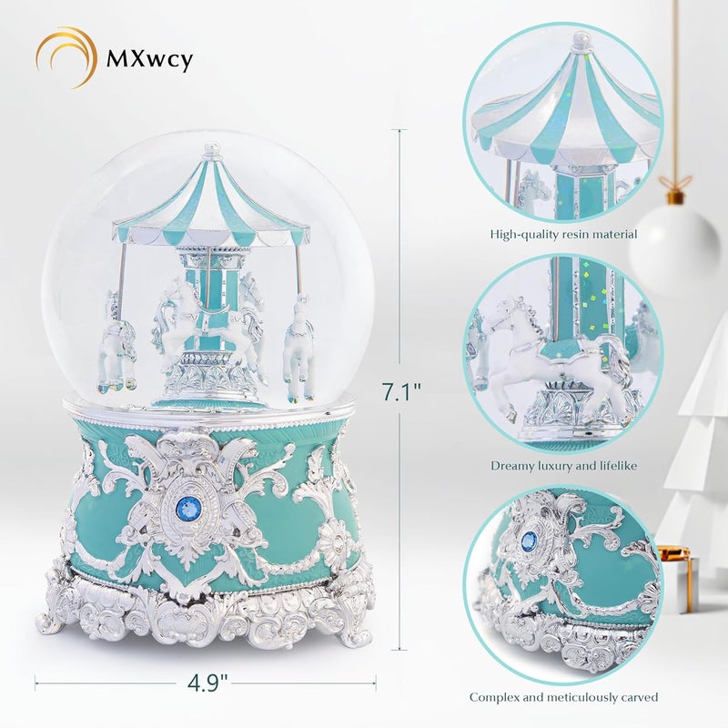 MXwcy Carousel Music Box Silver Mint Christmas Snow Globes, 7.1" Glass Rotate Carousel Snow Globe for Kids & Adults, Classic Wind up Musical Snow Globe Birthday Gifts, Carousel Horse Home Decor - Image 3