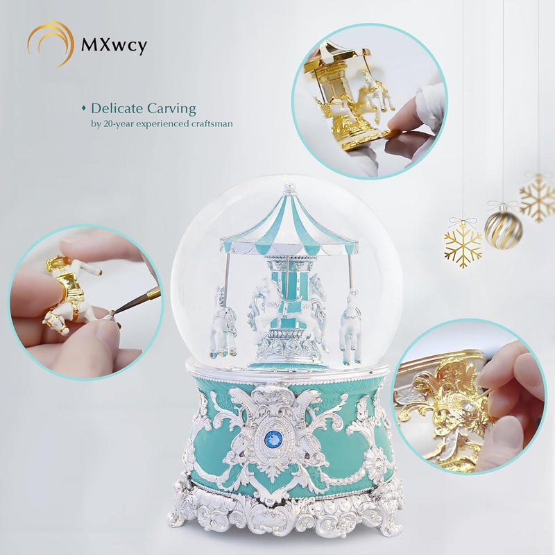 MXwcy Carousel Music Box Silver Mint Christmas Snow Globes, 7.1" Glass Rotate Carousel Snow Globe for Kids & Adults, Classic Wind up Musical Snow Globe Birthday Gifts, Carousel Horse Home Decor - Image 5