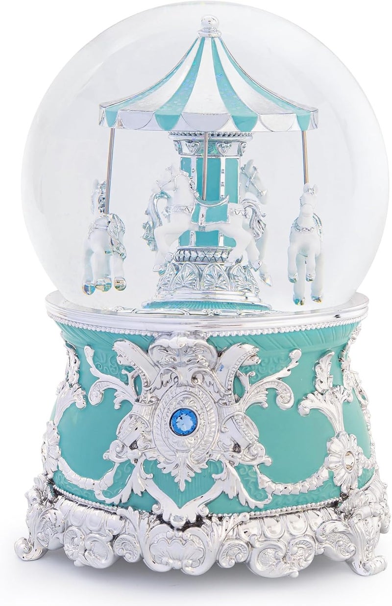MXwcy Carousel Music Box Silver Mint Christmas Snow Globes, 7.1" Glass Rotate Carousel Snow Globe for Kids & Adults, Classic Wind up Musical Snow Globe Birthday Gifts, Carousel Horse Home Decor - Image 1