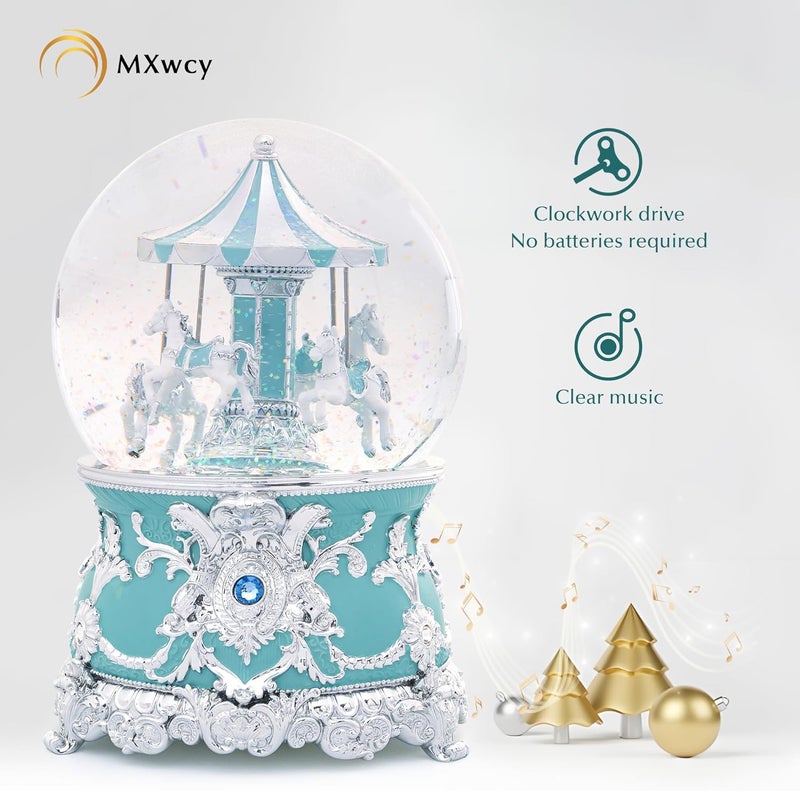 MXwcy Carousel Music Box Silver Mint Christmas Snow Globes, 7.1" Glass Rotate Carousel Snow Globe for Kids & Adults, Classic Wind up Musical Snow Globe Birthday Gifts, Carousel Horse Home Decor - Image 4