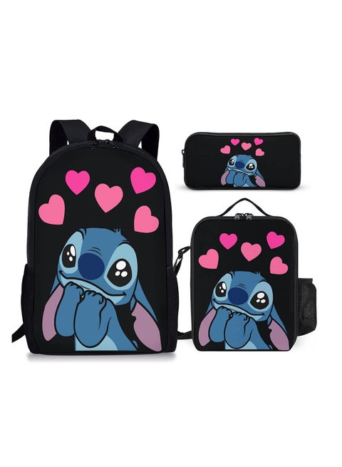 حقيبة ظهر مدرسية مكونة من ثلاث قطع من Anime Stitch لطلاب المدارس الابتدائية والثانوية ذات سعة كبيرة