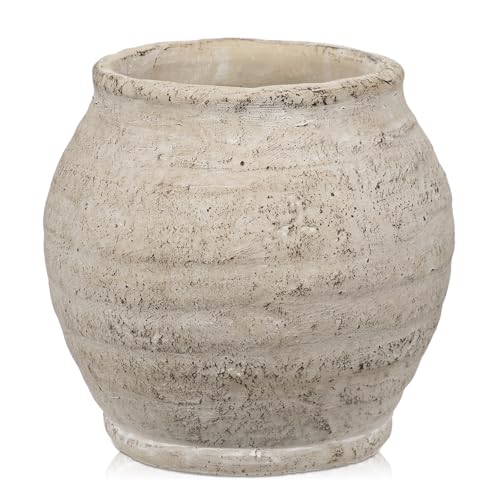 Briful Rustic Vintage Ceramic Pottery Vase, 6.1'' Farmhouse Table Decor with Distressed Texture, Wide Mouth Decorative Jar Vases for Home Decor, Shelf & Entryway, Cream White - Image 1