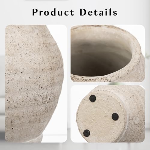 Briful Rustic Vintage Ceramic Pottery Vase, 6.1'' Farmhouse Table Decor with Distressed Texture, Wide Mouth Decorative Jar Vases for Home Decor, Shelf & Entryway, Cream White - Image 3